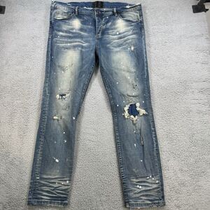 S‎ VALABASAS Slim Straight Jeans Mens 40x30 Blue Denim Stretch Distressed